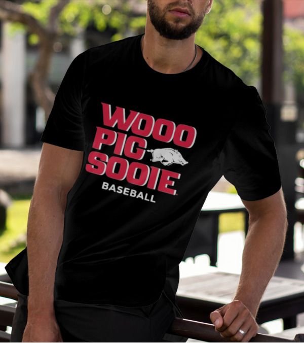 Wooo Pig Sooie Arkansas Baseball Black Pig T-Shirt
