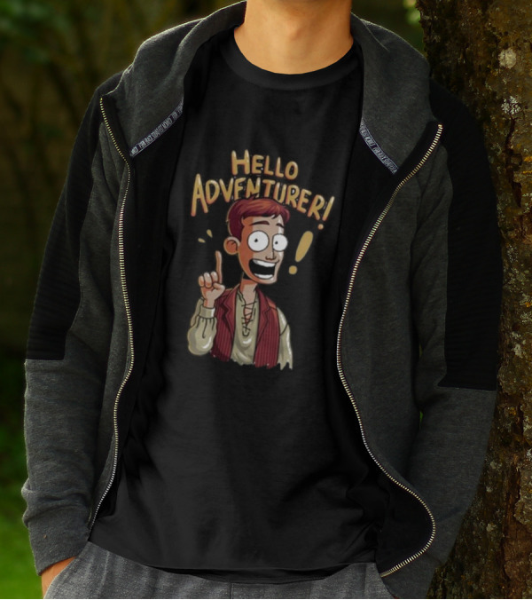 Hello Adventurer Enthusiastic Cartoon Character With Exclamation Point T-Shirt