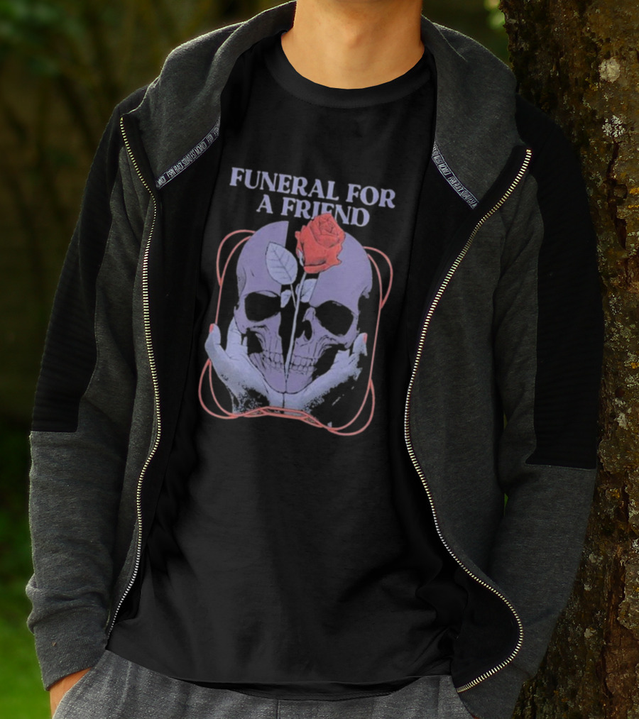 FUNERAL FOR A FRIEND SKULL ROSE DOUBLE HAND HOLDING SYMBOLISM T-Shirt