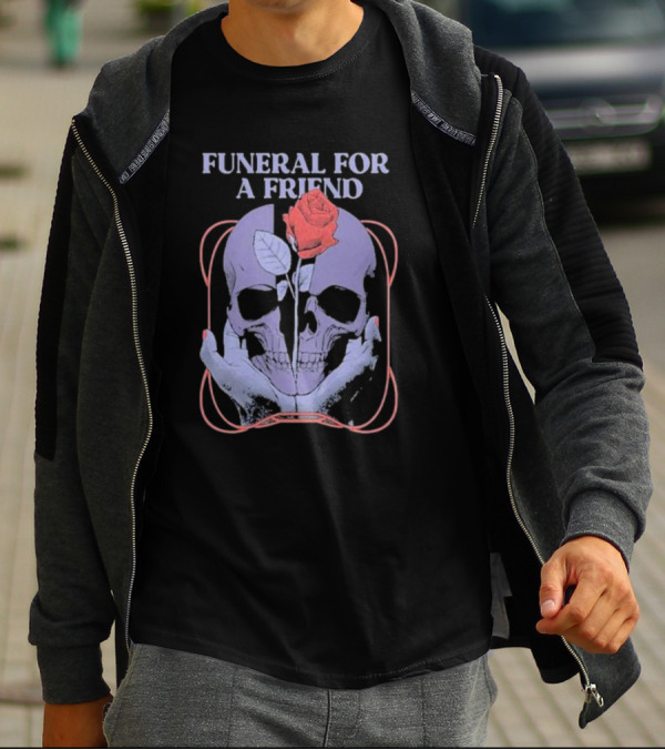 FUNERAL FOR A FRIEND SKULL ROSE DOUBLE HAND HOLDING SYMBOLISM T-Shirt