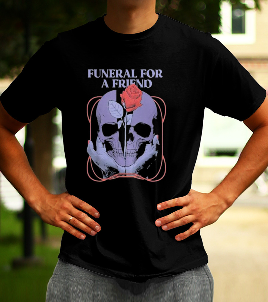 FUNERAL FOR A FRIEND SKULL ROSE DOUBLE HAND HOLDING SYMBOLISM T-Shirt