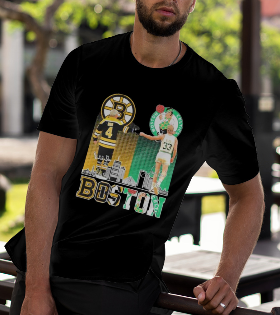 Bobby Orr Boston Bruins Larry Bird Boston Celtics Skyline Signatures Logos And Boston Text T-Shirt