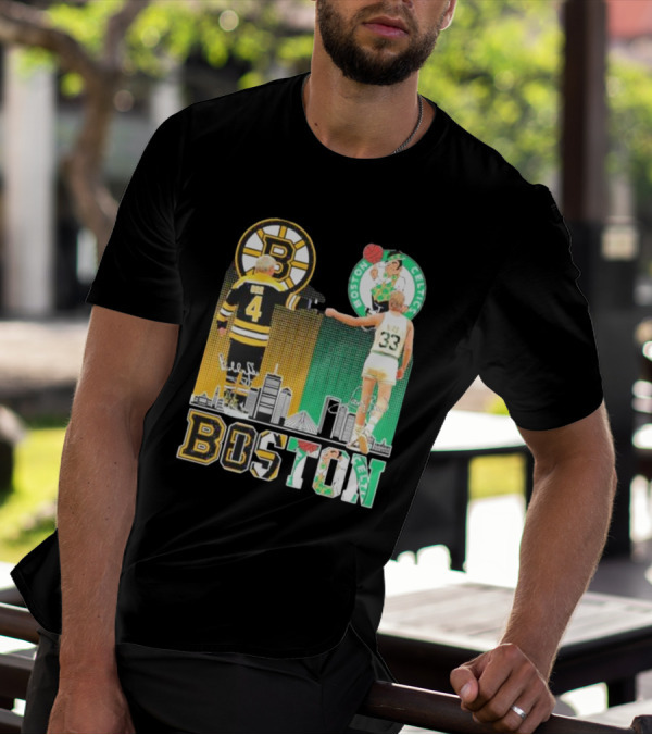 Bobby Orr Boston Bruins Larry Bird Boston Celtics Skyline Signatures Logos And Boston Text T-Shirt