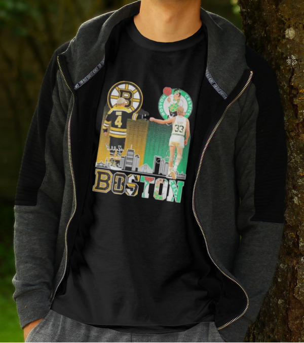 Bobby Orr Boston Bruins Larry Bird Boston Celtics Skyline Signatures Logos And Boston Text T-Shirt