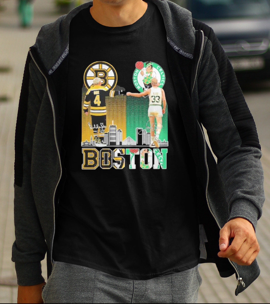 Bobby Orr Boston Bruins Larry Bird Boston Celtics Skyline Signatures Logos And Boston Text T-Shirt