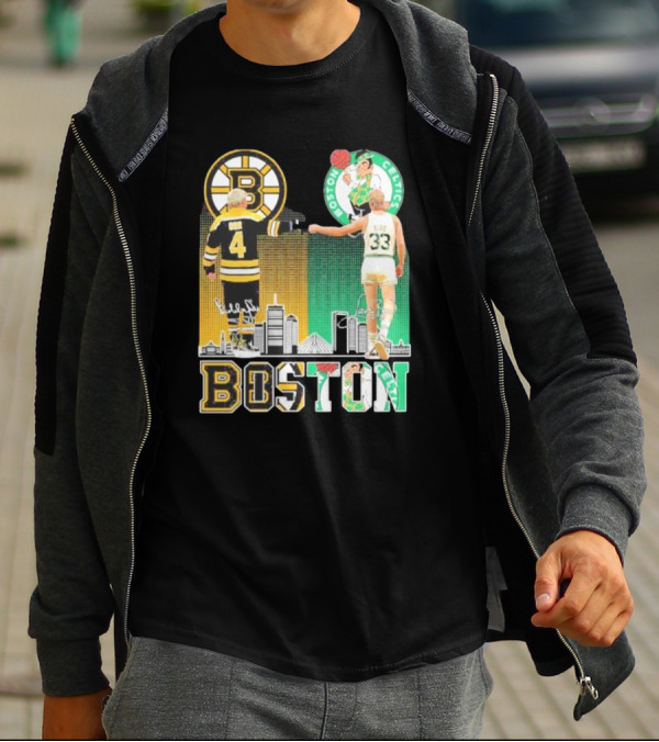 Bobby Orr Boston Bruins Larry Bird Boston Celtics Skyline Signatures Logos And Boston Text T-Shirt