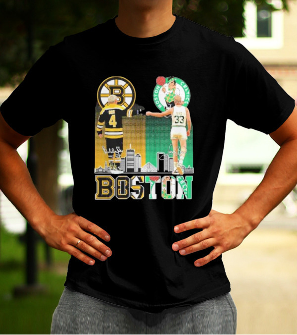 Bobby Orr Boston Bruins Larry Bird Boston Celtics Skyline Signatures Logos And Boston Text T-Shirt
