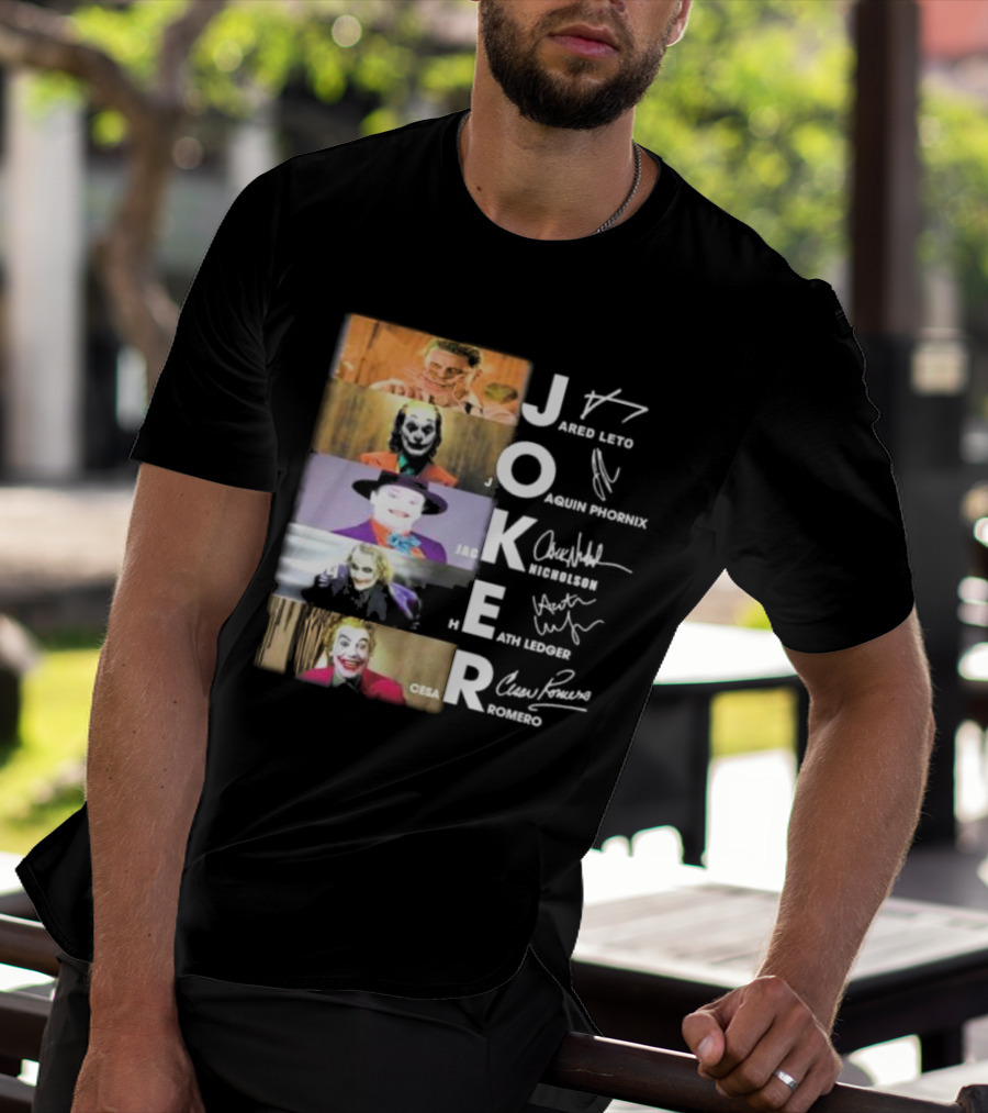 Joker Jared Leto Joaquin Phoenix Jack Nicholson Heath Ledger Cesar Romero Signatures DC Comics Movies All Stars Eras T-Shirt
