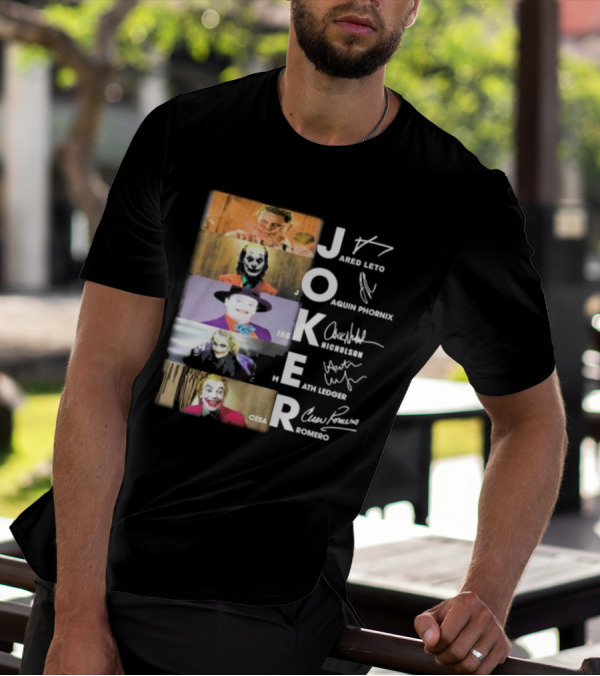 Joker Jared Leto Joaquin Phoenix Jack Nicholson Heath Ledger Cesar Romero Signatures DC Comics Movies All Stars Eras T-Shirt