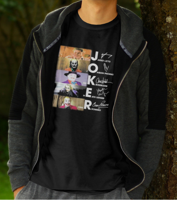 Joker Jared Leto Joaquin Phoenix Jack Nicholson Heath Ledger Cesar Romero Signatures DC Comics Movies All Stars Eras T-Shirt
