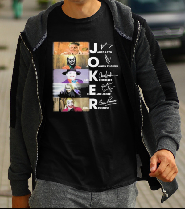 Joker Jared Leto Joaquin Phoenix Jack Nicholson Heath Ledger Cesar Romero Signatures DC Comics Movies All Stars Eras T-Shirt