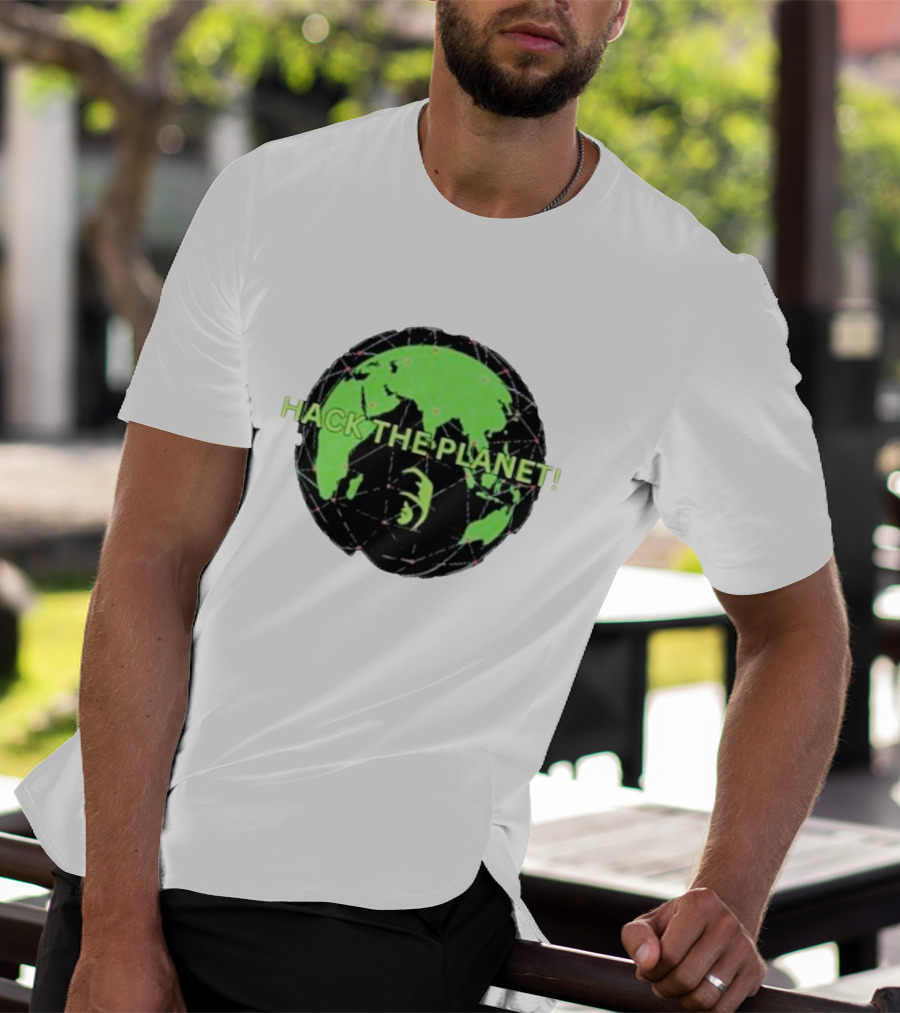 Hack The Planet Green And Black Globe Motif T-Shirt