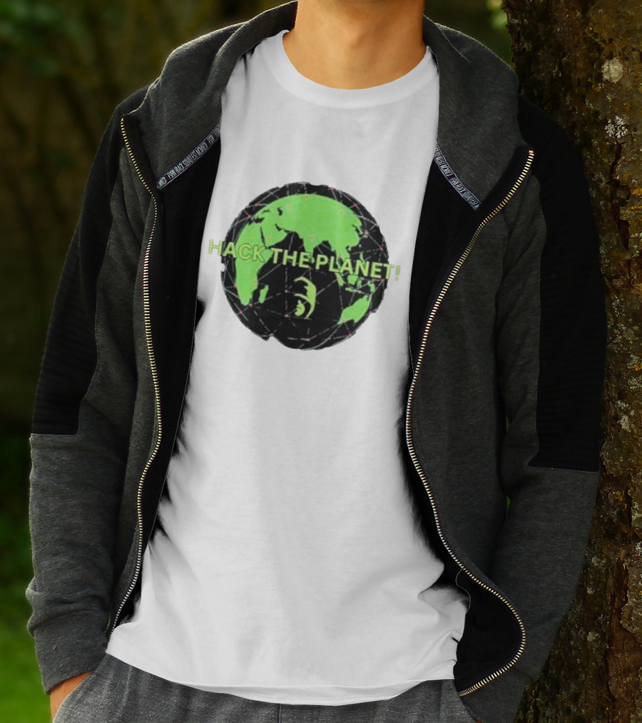 Hack The Planet Green And Black Globe Motif T-Shirt