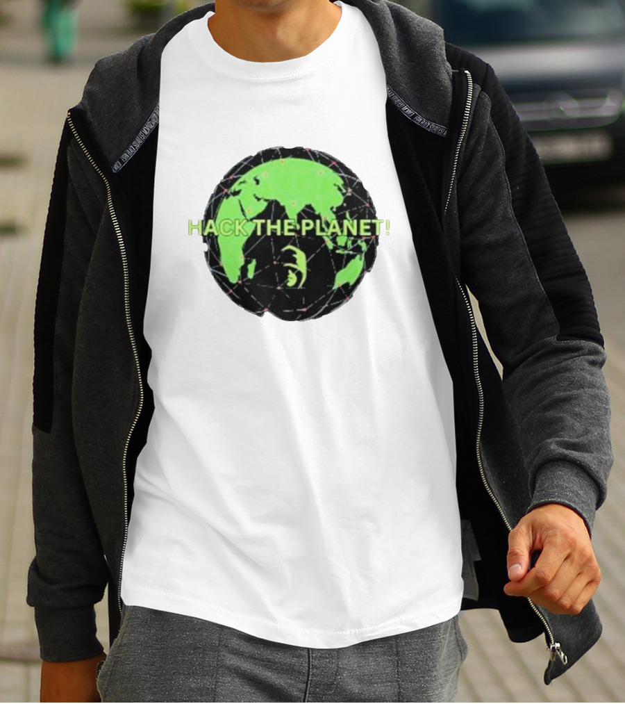 Hack The Planet Green And Black Globe Motif T-Shirt