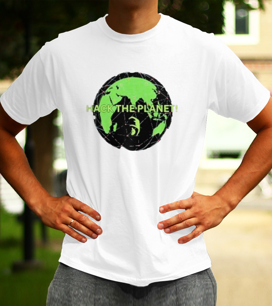 Hack The Planet Green And Black Globe Motif T-Shirt