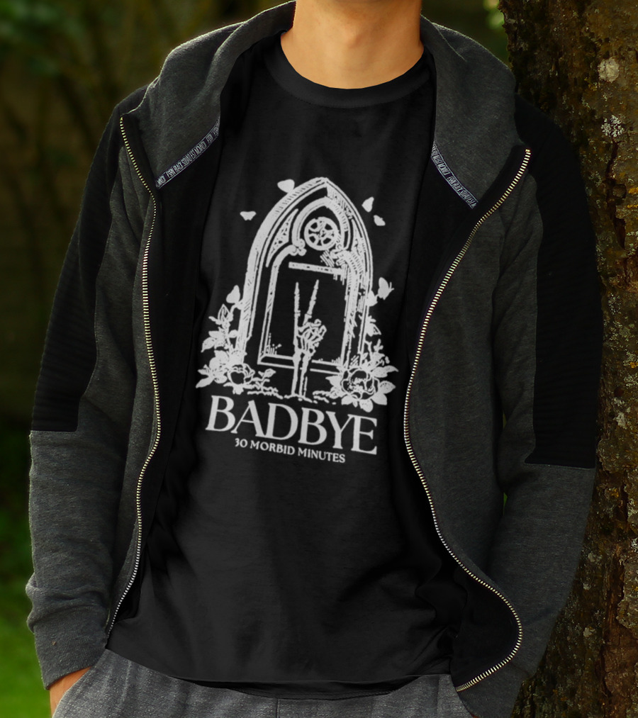 Badbye 30 Morbid Minutes Gothic Tombstone Hand Symbol With Roses And Butterflies T-Shirt