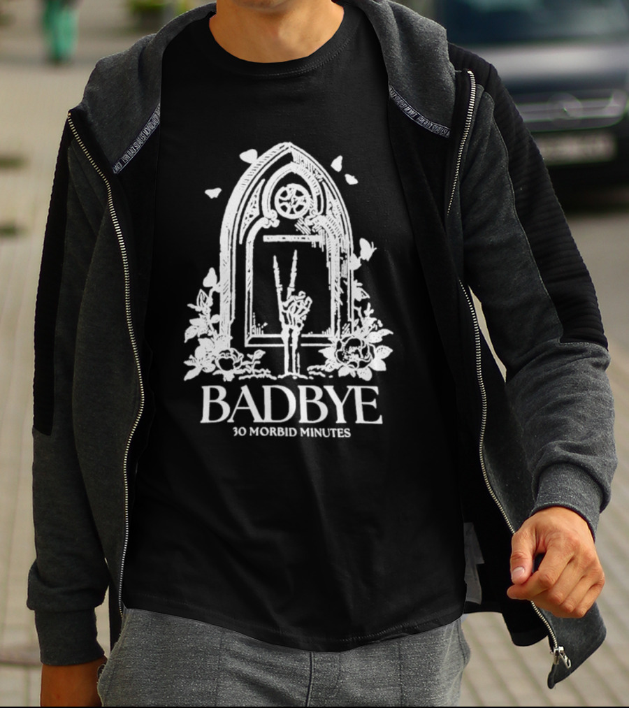 Badbye 30 Morbid Minutes Gothic Tombstone Hand Symbol With Roses And Butterflies T-Shirt