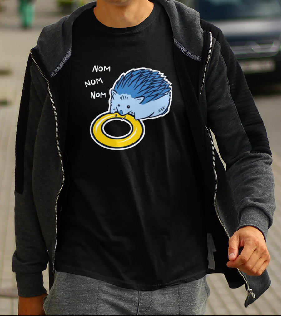 Sam Logan Hungry Blue Hedgehog Nom Nom Nom Eating Yellow Ring T-Shirt