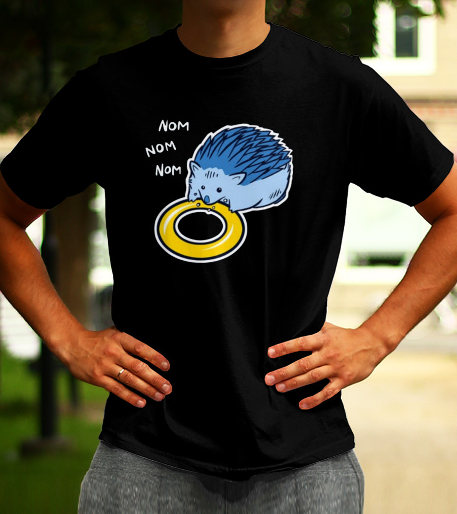 Sam Logan Hungry Blue Hedgehog Nom Nom Nom Eating Yellow Ring T-Shirt