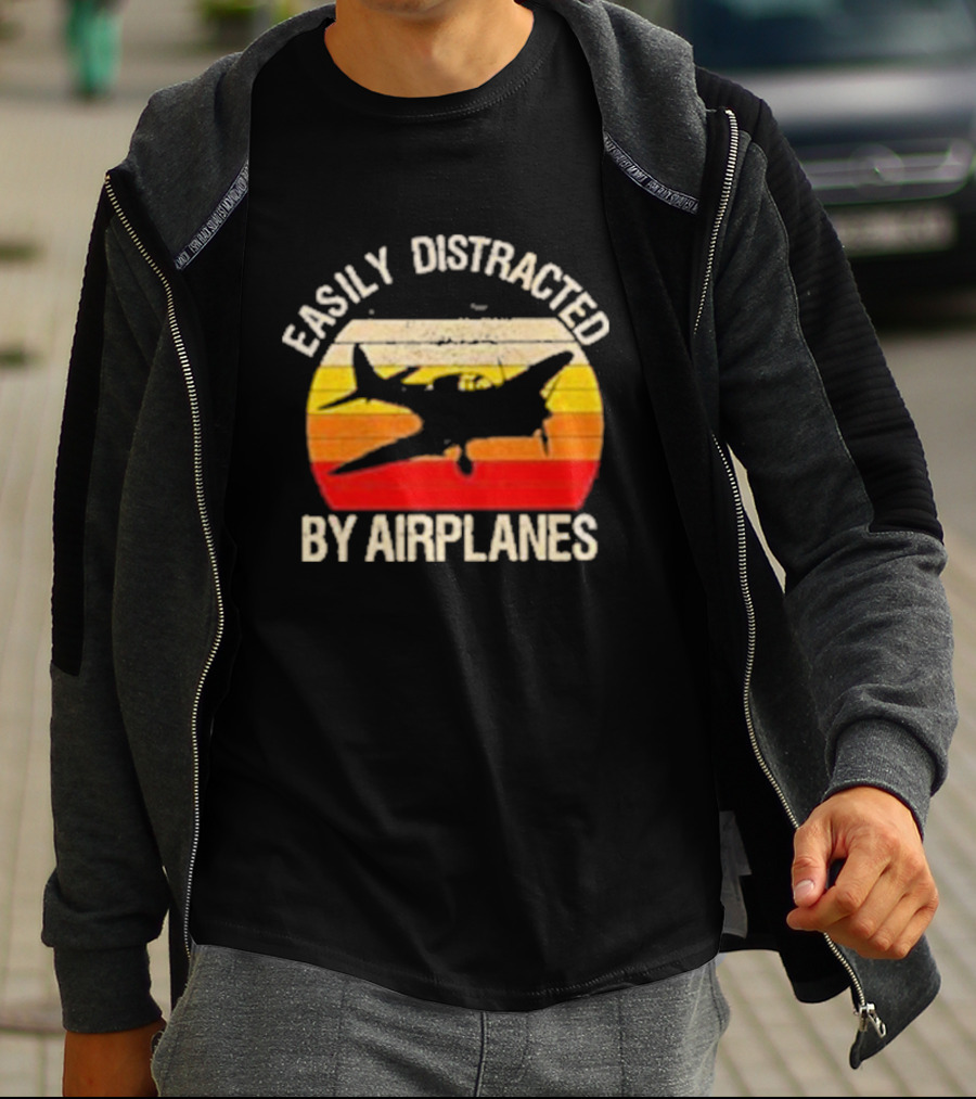Easily Distracted By Airplanes Vintage Sunset T-Shirt