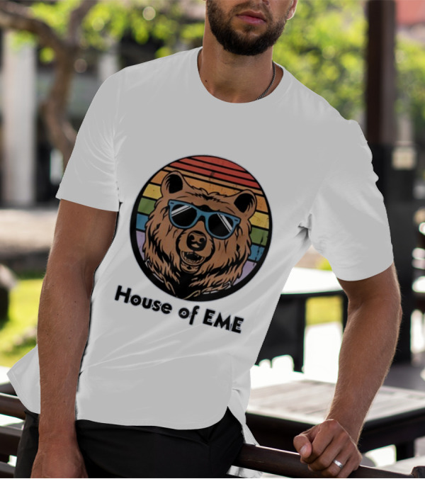 Migs Santillan House Of EME Bear Logo Sunglasses Rainbow Background T-Shirt