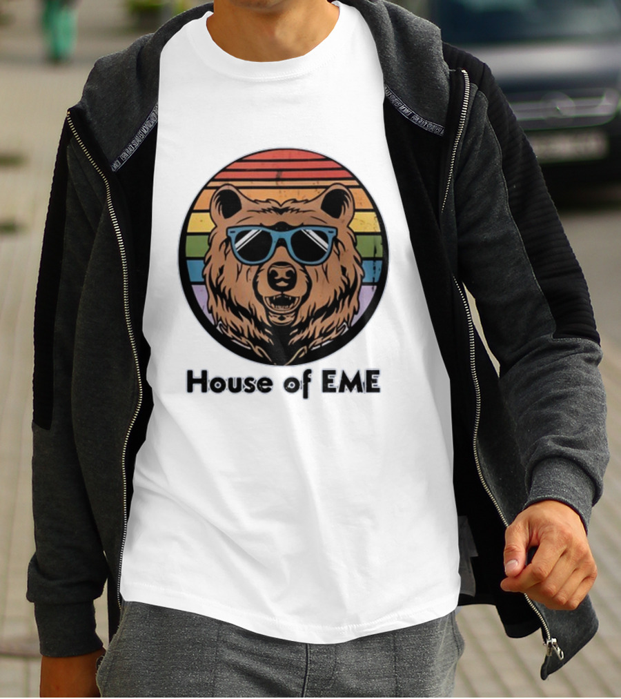 Migs Santillan House Of EME Bear Logo Sunglasses Rainbow Background T-Shirt