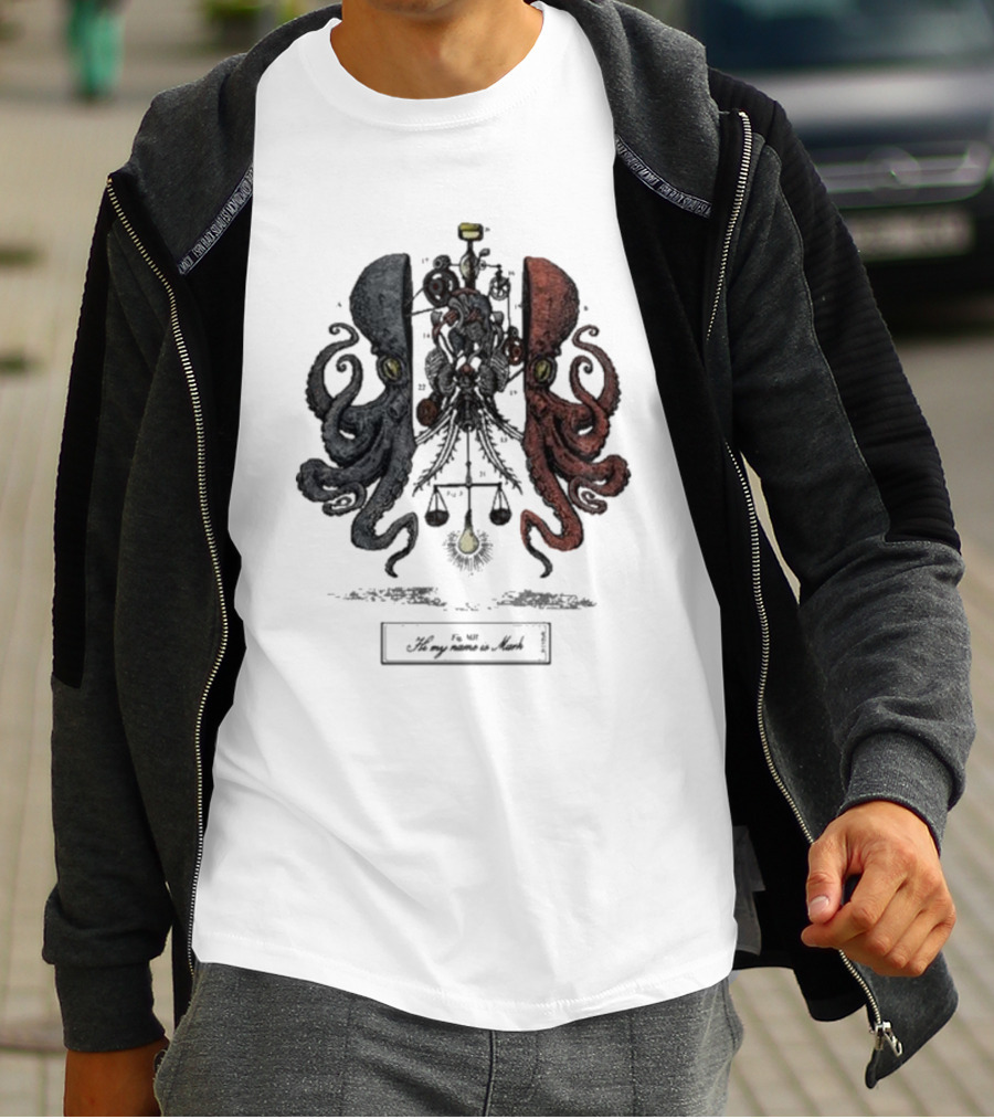 Hi My Name Is Mark Dissection Blue And Red Octopus Balance Scales T-Shirt