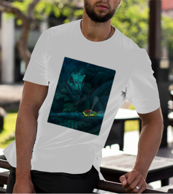Jurassic Park T-Rex And SUV Night Scene Rainy Adventure T-Shirt