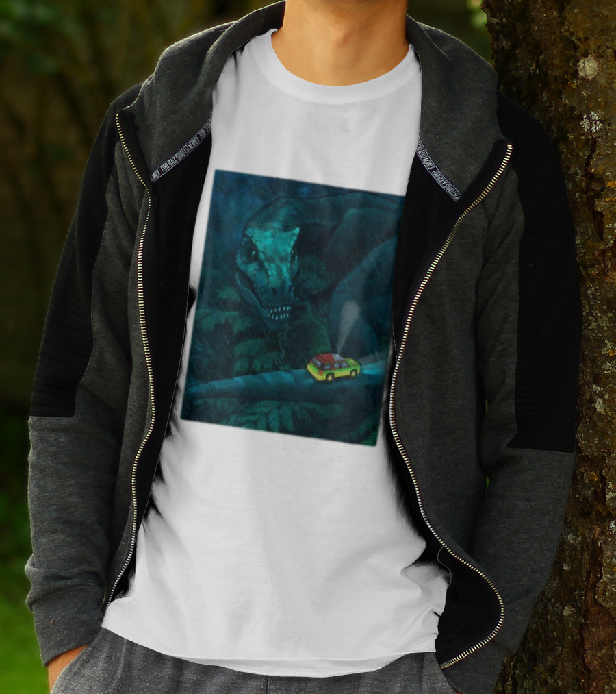 Jurassic Park T-Rex And SUV Night Scene Rainy Adventure T-Shirt