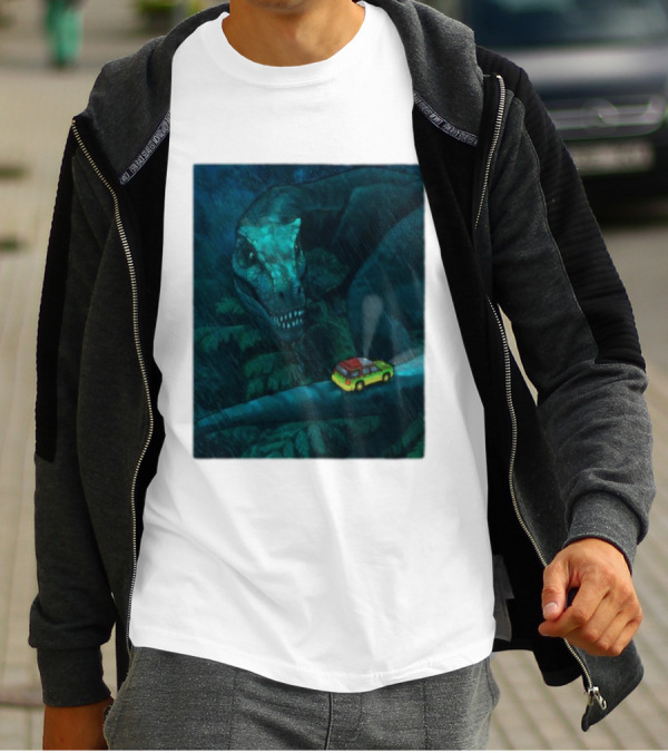 Jurassic Park T-Rex And SUV Night Scene Rainy Adventure T-Shirt