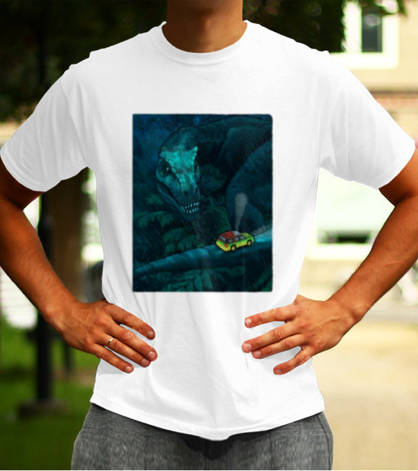 Jurassic Park T-Rex And SUV Night Scene Rainy Adventure T-Shirt