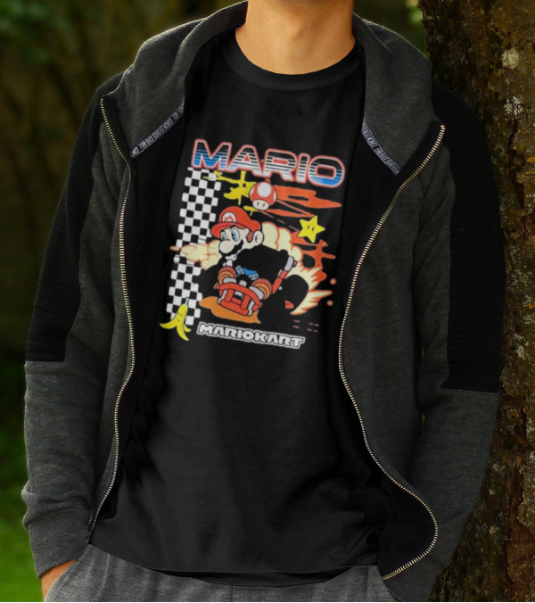 Mario Kart Racing Finish Line Checkered Flag Banana Stars T-Shirt