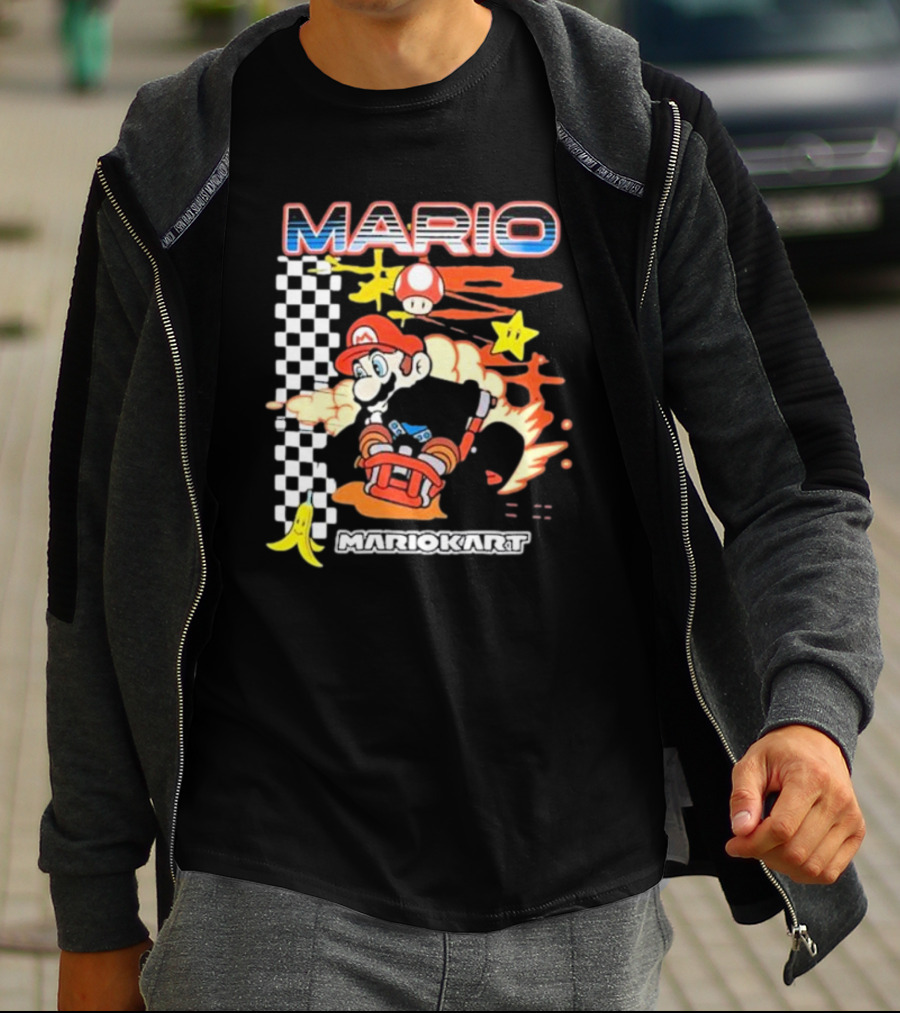 Mario Kart Racing Finish Line Checkered Flag Banana Stars T-Shirt