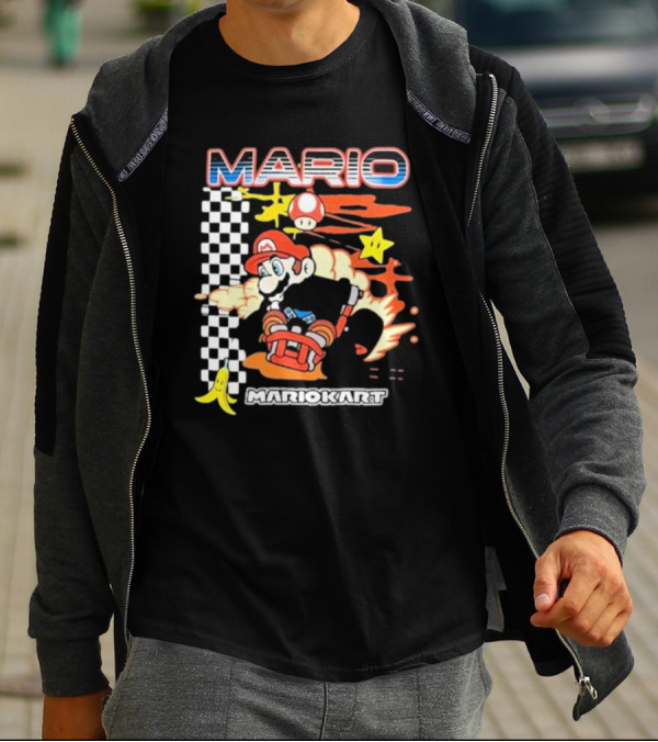 Mario Kart Racing Finish Line Checkered Flag Banana Stars T-Shirt