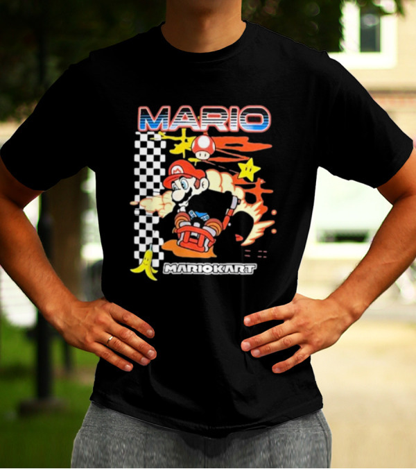 Mario Kart Racing Finish Line Checkered Flag Banana Stars T-Shirt