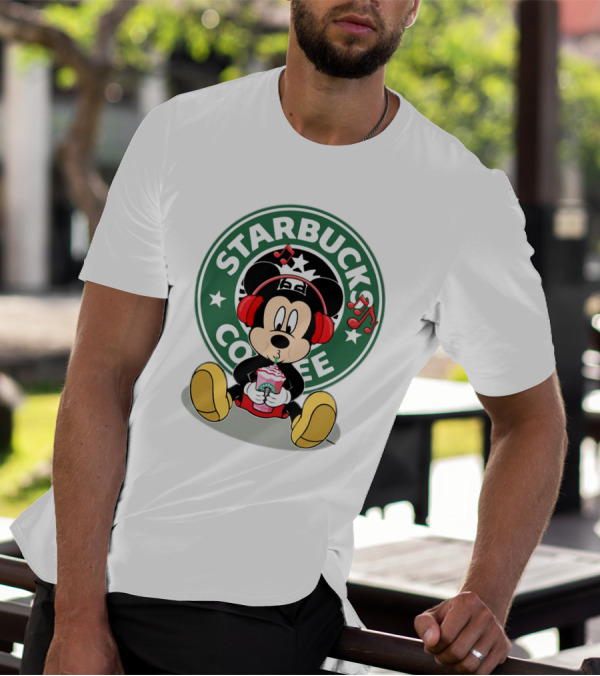 Mickey Mouse Listening To Music With Starbucks Coffee Cup T-Shirt