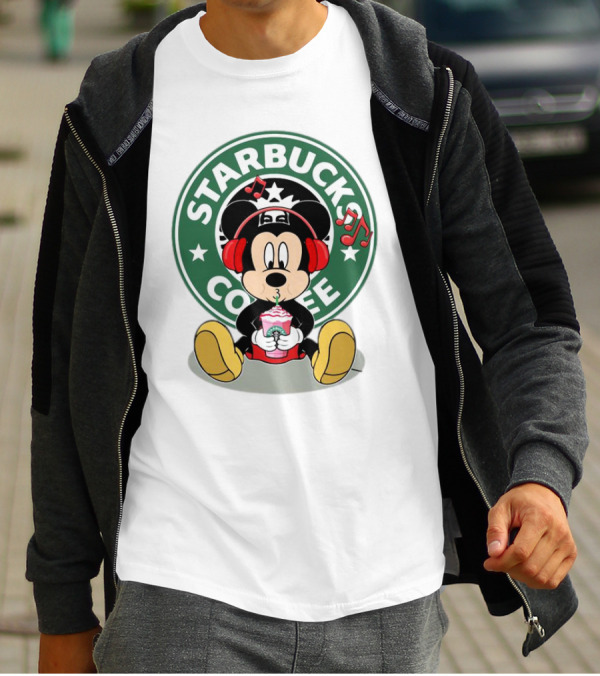 Mickey Mouse Listening To Music With Starbucks Coffee Cup T-Shirt