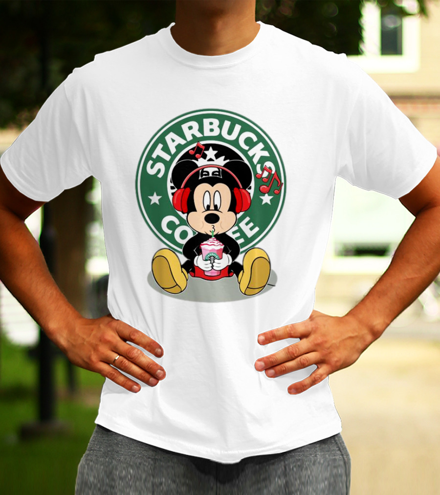 Mickey Mouse Listening To Music With Starbucks Coffee Cup T-Shirt