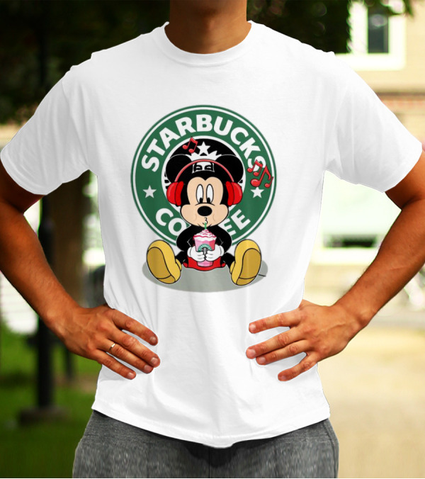 Mickey Mouse Listening To Music With Starbucks Coffee Cup T-Shirt