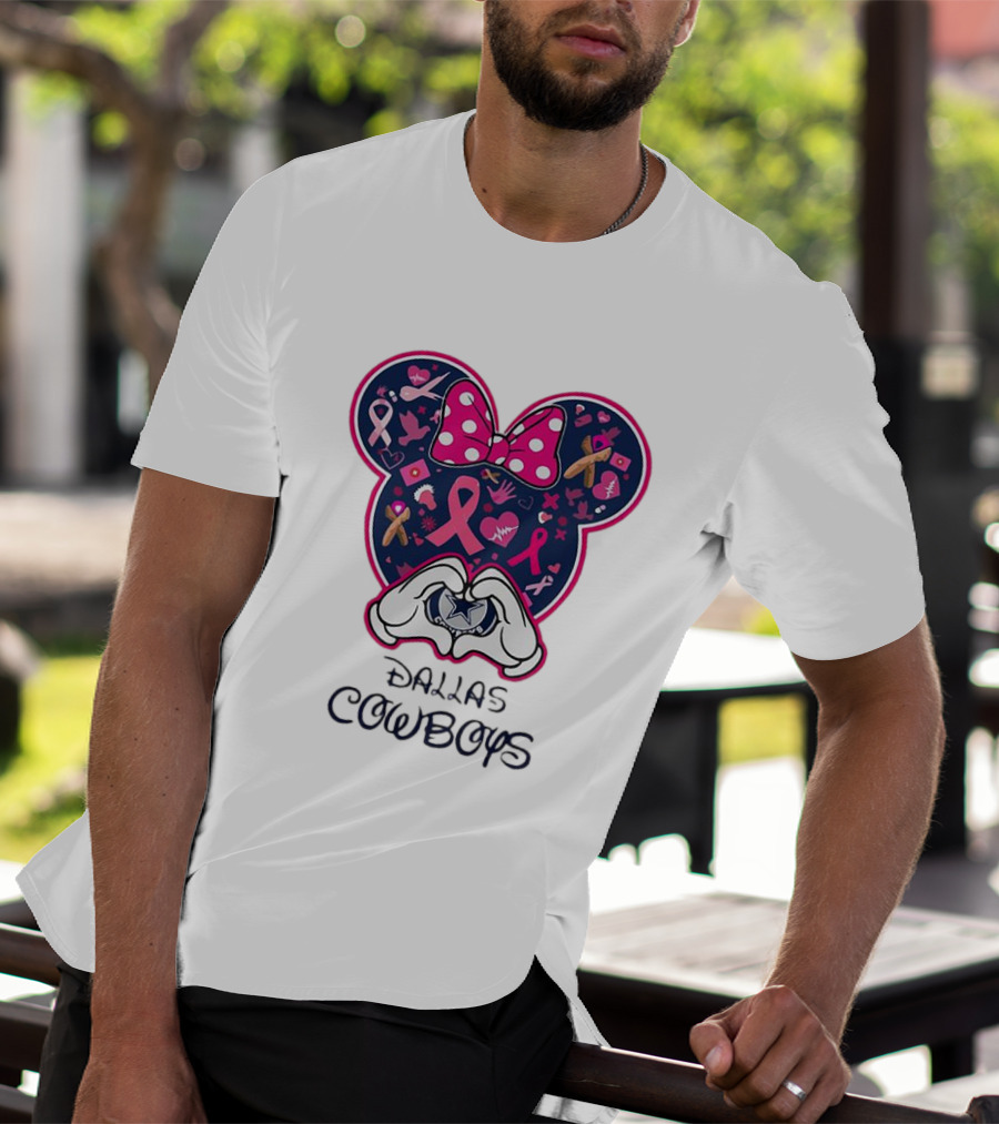 Minnie Mouse Pink Ribbon Heart Hands Dallas Cowboys Breast Cancer Awareness T-Shirt