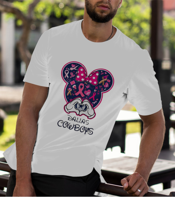 Minnie Mouse Pink Ribbon Heart Hands Dallas Cowboys Breast Cancer Awareness T-Shirt