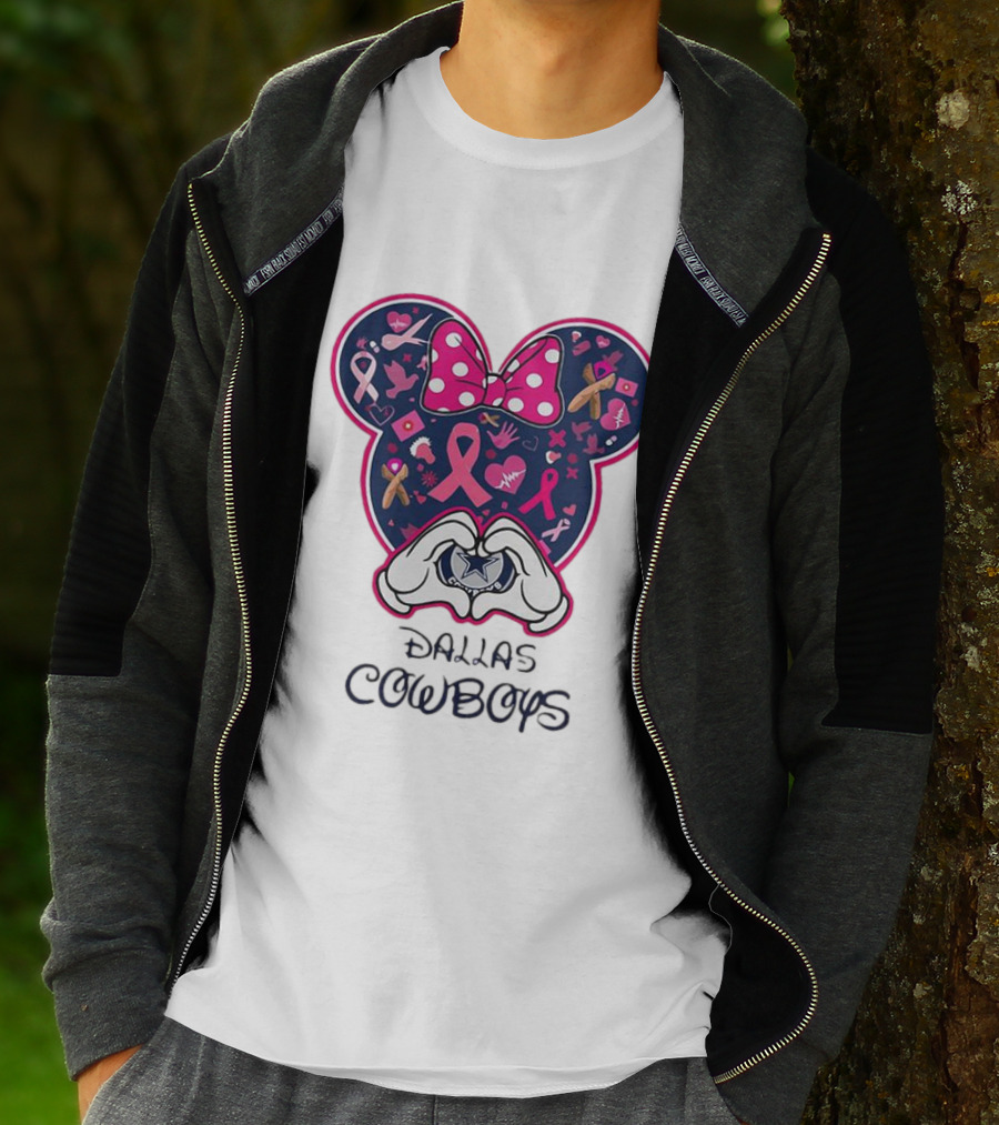 Minnie Mouse Pink Ribbon Heart Hands Dallas Cowboys Breast Cancer Awareness T-Shirt
