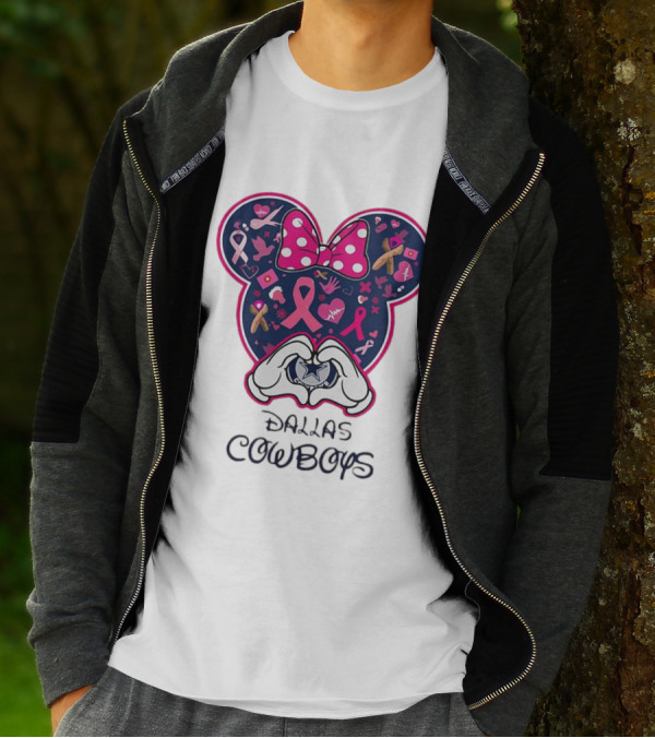 Minnie Mouse Pink Ribbon Heart Hands Dallas Cowboys Breast Cancer Awareness T-Shirt