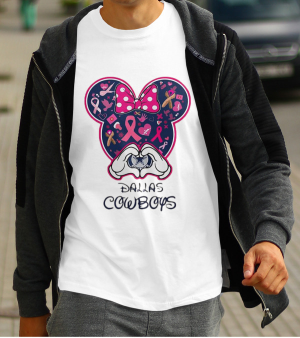Minnie Mouse Pink Ribbon Heart Hands Dallas Cowboys Breast Cancer Awareness T-Shirt