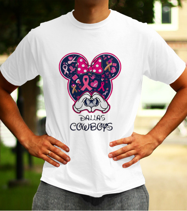 Minnie Mouse Pink Ribbon Heart Hands Dallas Cowboys Breast Cancer Awareness T-Shirt