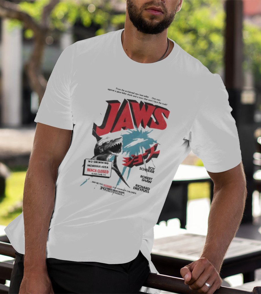 Jaws One Man Against A Giant Killer Shark Beach Closed Hazardous Area Roy Scheider Robert Shaw Richard Dreyfuss T-Shirt