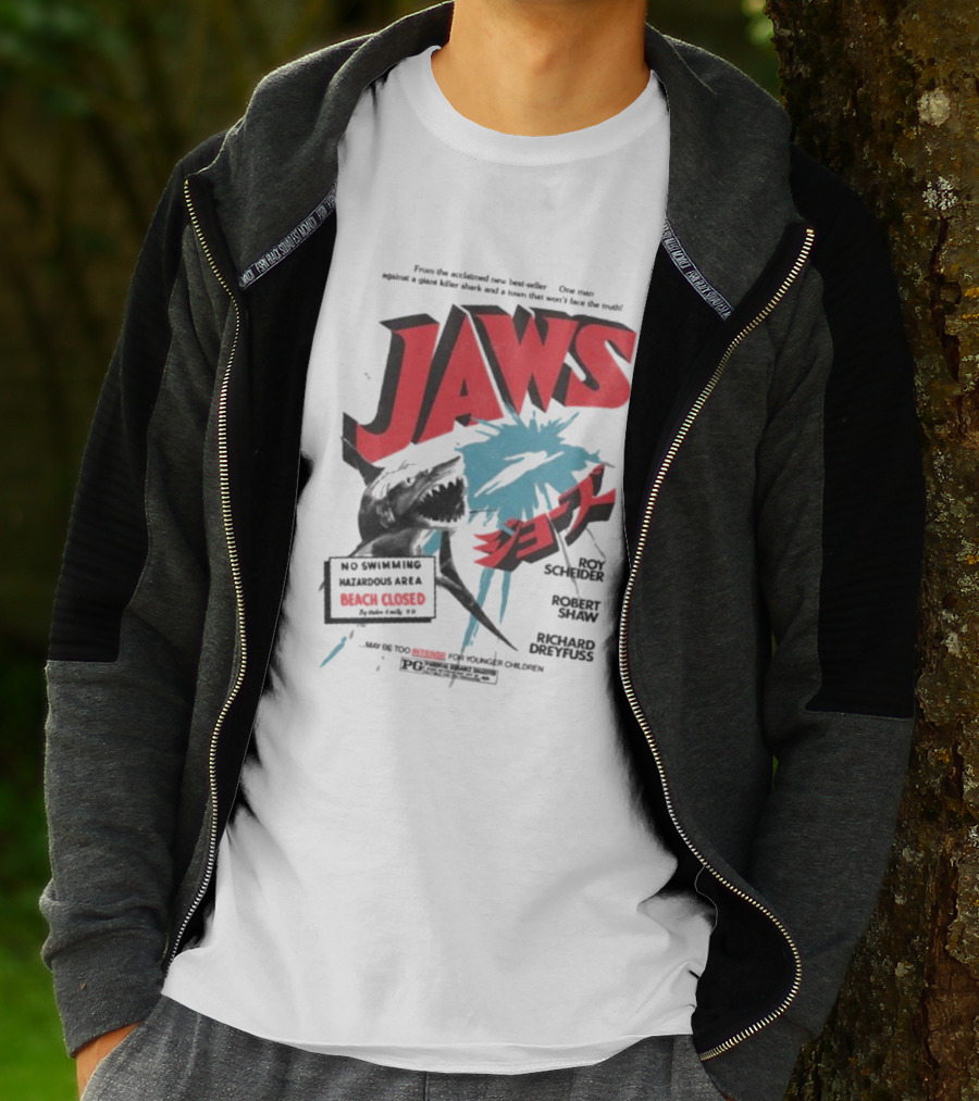 Jaws One Man Against A Giant Killer Shark Beach Closed Hazardous Area Roy Scheider Robert Shaw Richard Dreyfuss T-Shirt