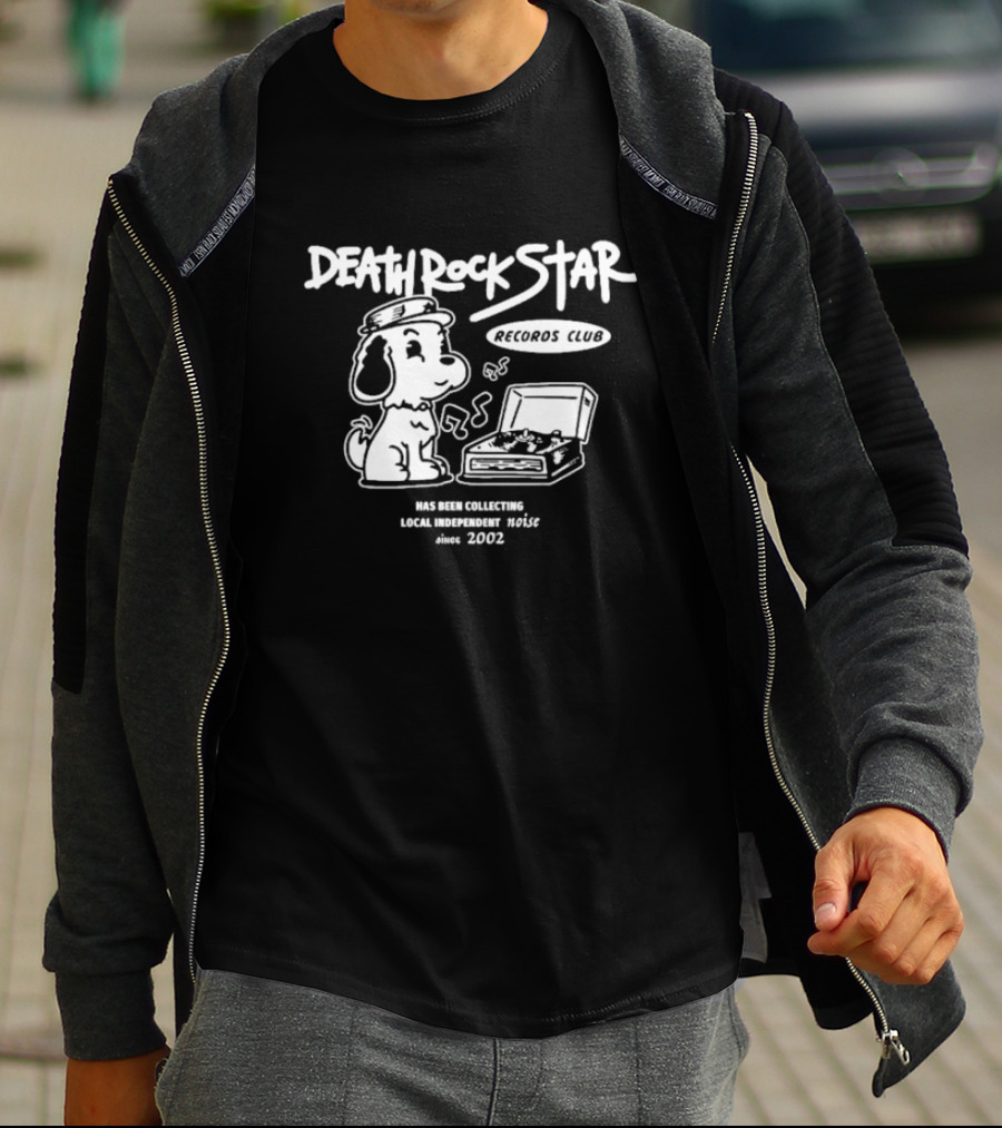 Death Rock Star Records Club Collecting Local Independent Noise Since 2002 Vintage Dog And Vinyl Player T-Shirt