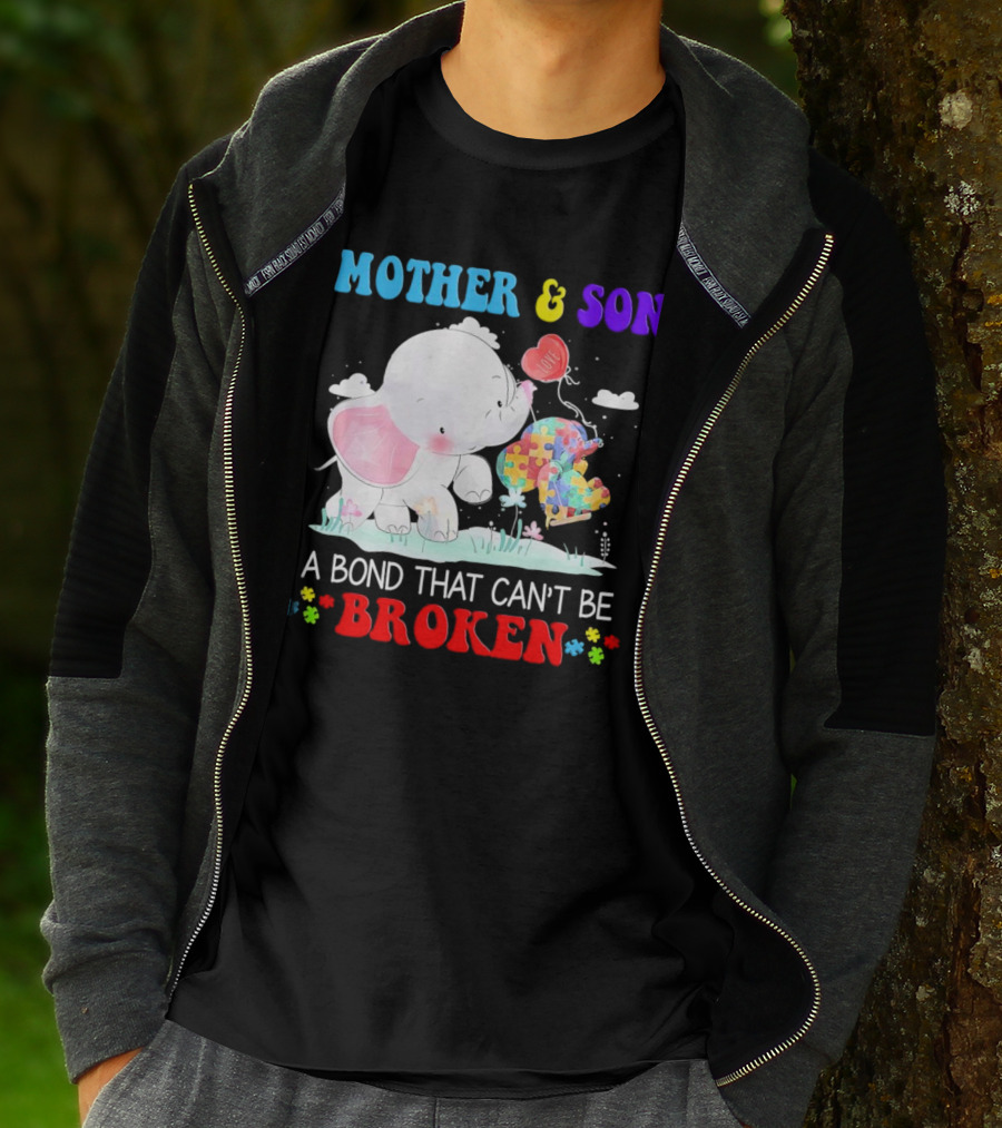 Mother And Son Elephants Autism Puzzle Heart A Bond That Can't Be Broken T-Shirt