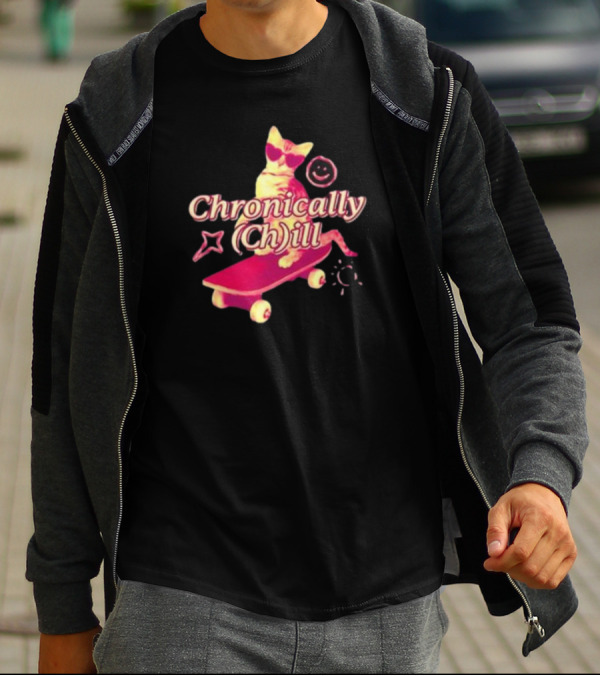 Chronically Ch Ill Cat On Skateboard With Stars And Smiley T-Shirt
